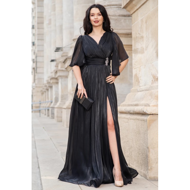 Rochie de seara neagra eleganta Fausta cu maneci fluture si pliseuri