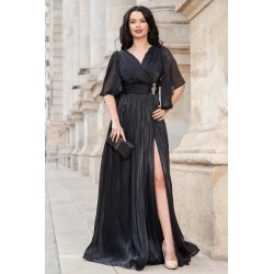 Rochie de seara neagra eleganta Fausta cu maneci fluture si pliseuri