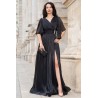 Rochie de seara neagra eleganta Fausta cu maneci fluture si pliseuri