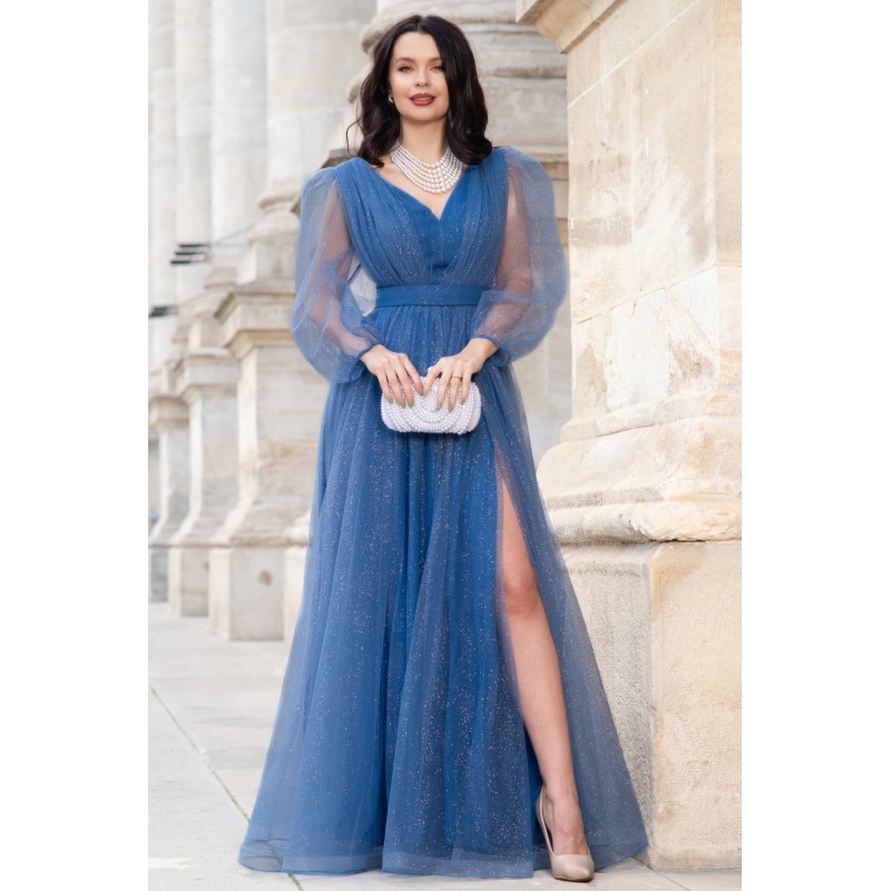 Rochie de seara lunga eleganta bleu Esmeralda cu glitter
