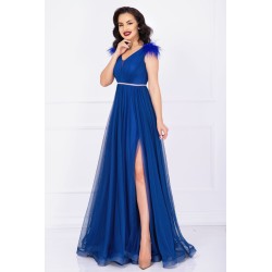 Rochie de seara Gratiela albastru royal cu perle in talie si accesoriu tip fulgi