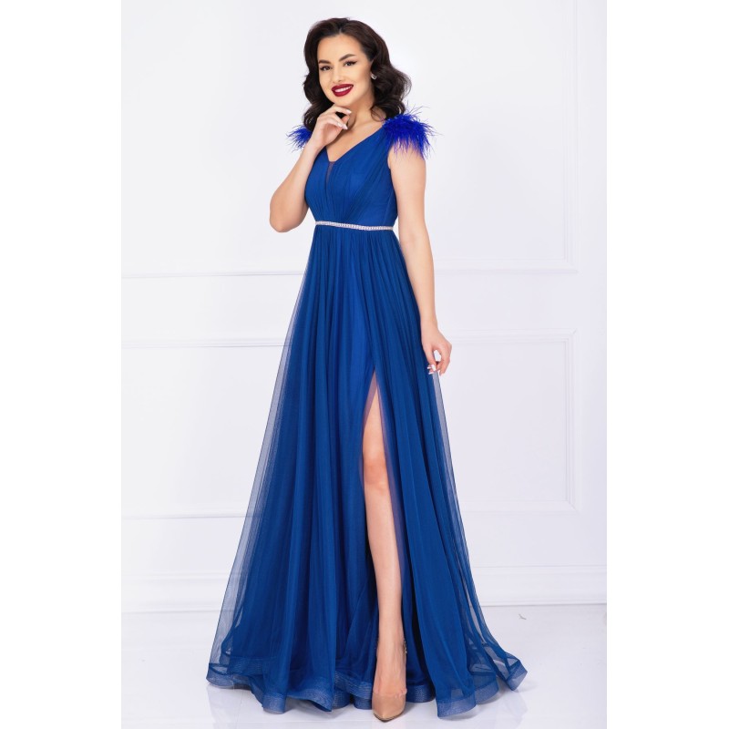 Rochie de seara Gratiela albastru royal cu perle in talie si accesoriu tip fulgi