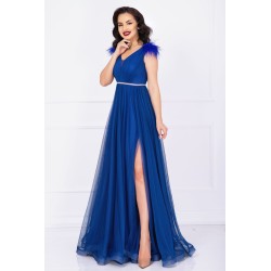 Rochie de seara Gratiela albastru royal cu perle in talie si accesoriu tip fulgi