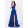 Rochie de seara Gratiela albastru royal cu perle in talie si accesoriu tip fulgi