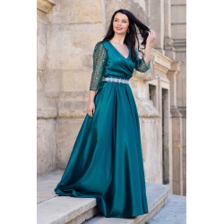 Rochie de seara verde Giorgia lunga din tafta cu maneci paietate