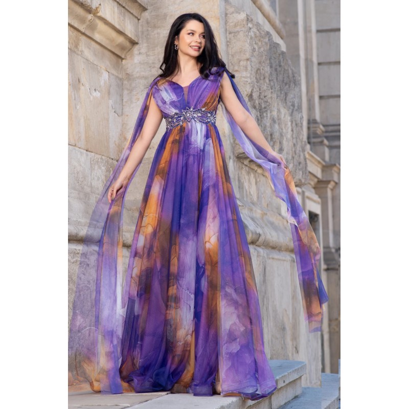 Rochie eleganta de seara Alessandra cu imprimeu tip pictura mov