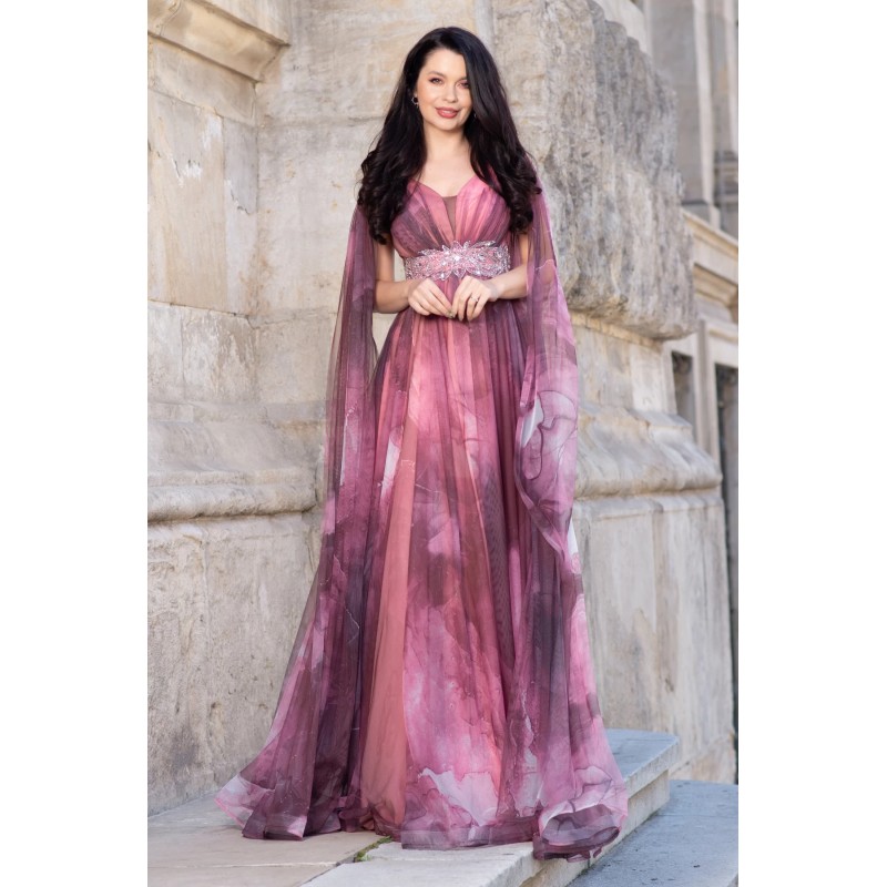 Rochie de seara lunga Alessandra cu imprimeu tip pictura in nuante pastelate