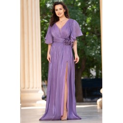 Rochie de seara eleganta Fausta lila cu maneci fluture si floare 3D