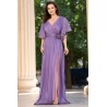 Rochie de seara eleganta Fausta lila cu maneci fluture si floare 3D