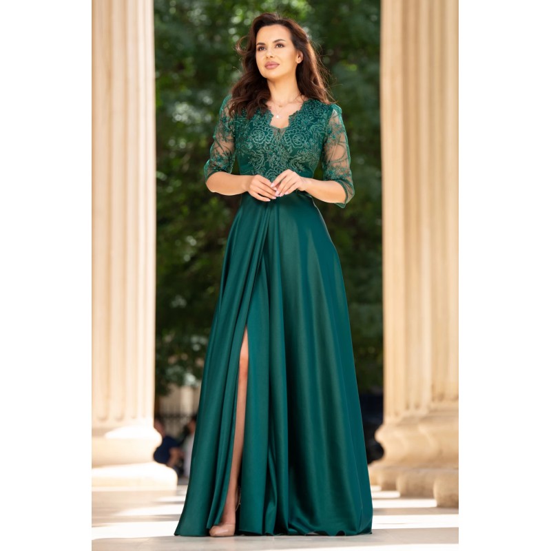 Rochie de seara lunga verde Lucrezia din tafta cu broderie