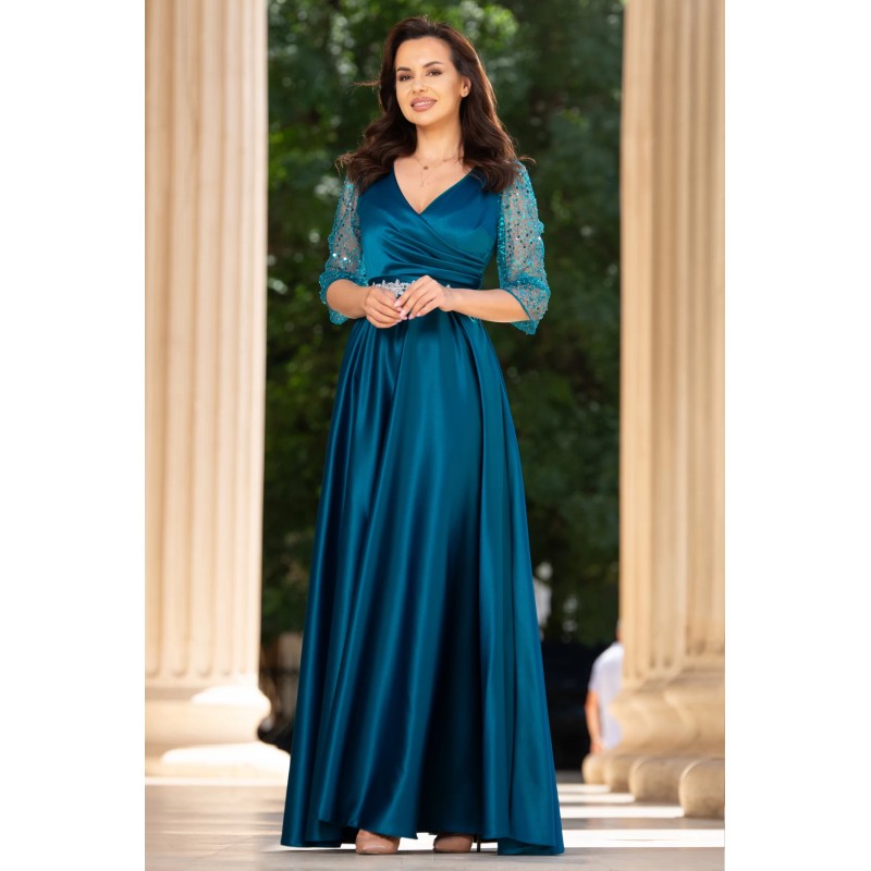 Rochie de seara turquoise Giorgia lunga din tafta cu maneci paietate