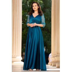 Rochie de seara turquoise Giorgia lunga din tafta cu maneci paietate