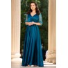 Rochie de seara turquoise Giorgia lunga din tafta cu maneci paietate