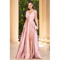 Rochie eleganta lunga din tafta roz prafuit Saturn cu flori 3D