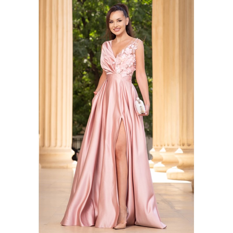 Rochie eleganta lunga din tafta roz prafuit Saturn cu flori 3D