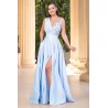 Rochie eleganta lunga din tafta bleu Saturn cu flori 3D