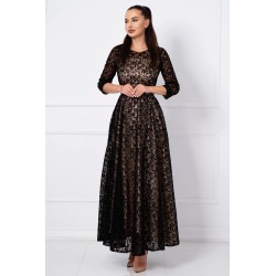 Rochie de seara lunga Francesca cu model floral din catifea si dublura bej