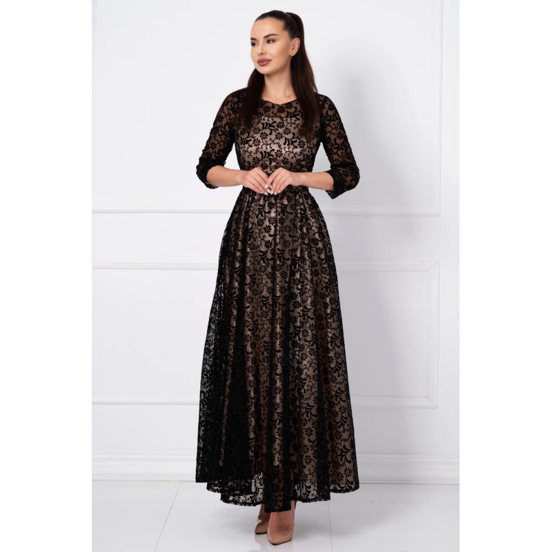 Rochie de seara lunga Francesca cu model floral din catifea si dublura bej