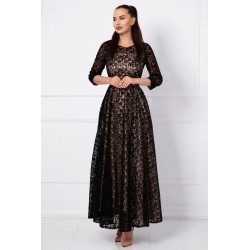 Rochie de seara lunga Francesca cu model floral din catifea si dublura bej