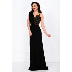 Rochie lunga de seara Gilda neagra cu fronseuri si bust brodat