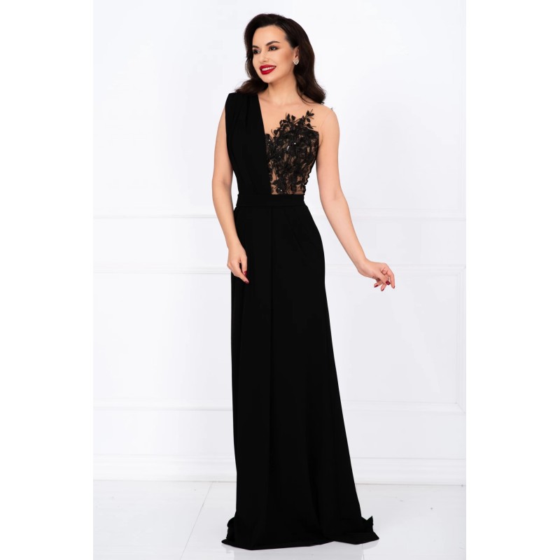 Rochie lunga de seara Gilda neagra cu fronseuri si bust brodat