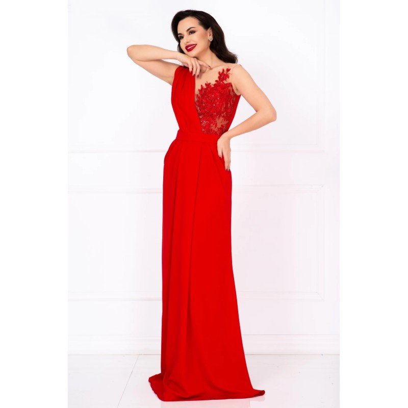 Rochie lunga de seara Gilda rosie cu fronseuri si bust brodat