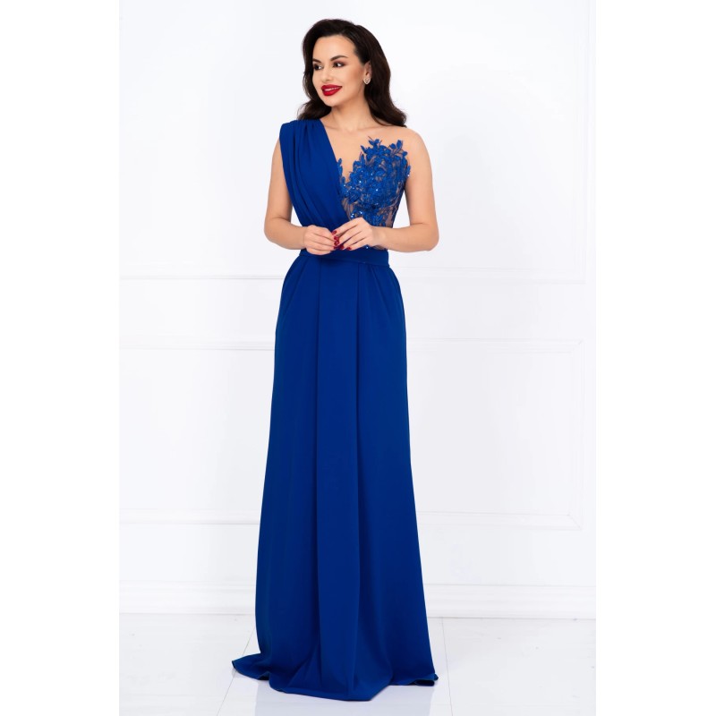 Rochie lunga de seara Gilda albastra cu fronseuri si bust brodat