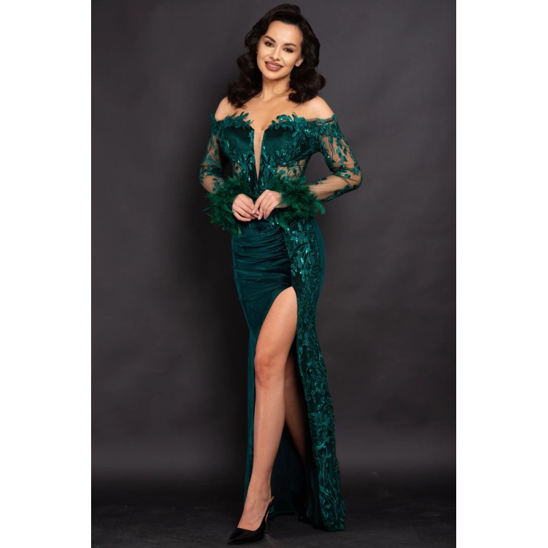 Rochie de seara verde Julia din catifea cu broderie si fulgi