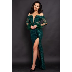 Rochie de seara verde Julia din catifea cu broderie si fulgi