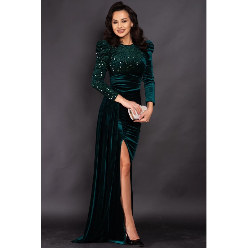 Rochie de seara verde din catifea Daphne cu maneca din paiete