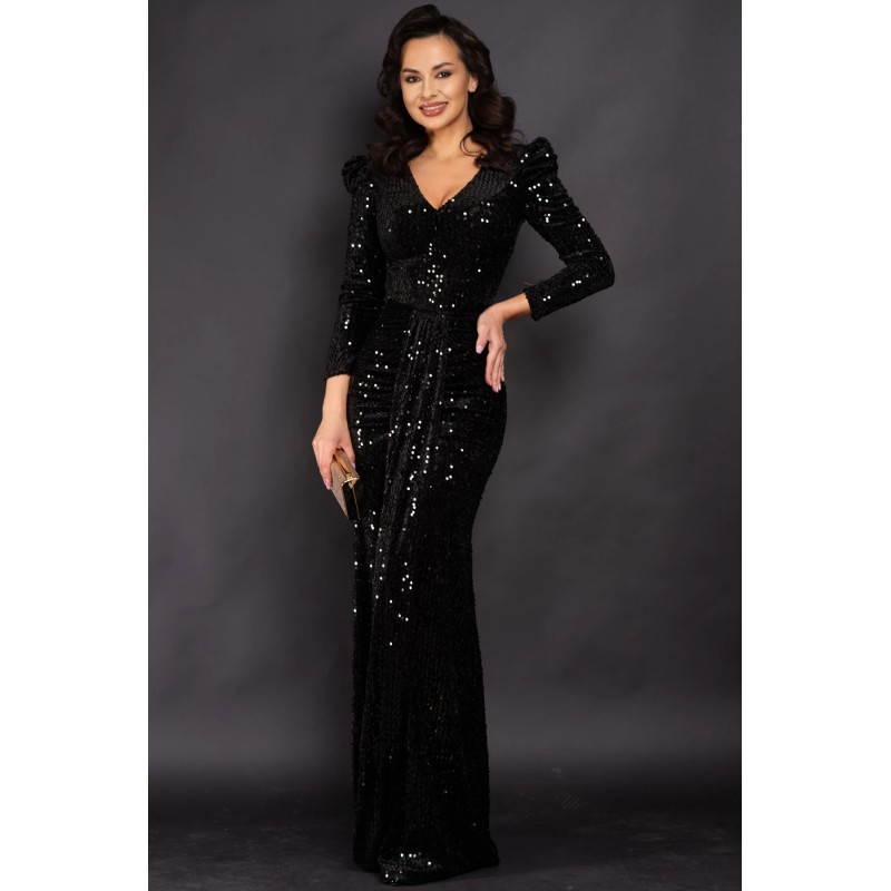 Rochie de seara eleganta Clarisse tip sirena din paiete negre
