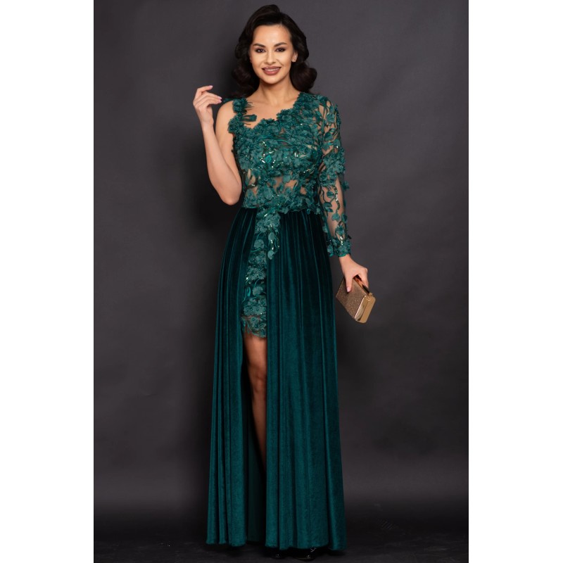 Rochie de seara verde Amandine cu fusta din catifea si bust din flori 3D