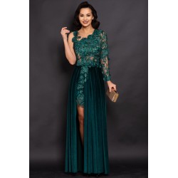 Rochie de seara verde Amandine cu fusta din catifea si bust din flori 3D