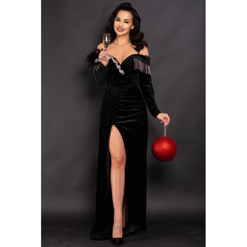 Rochie eleganta neagra Alizee din catifea cu strassuri argintii