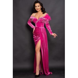 Rochie eleganta lunga Alizee magenta din catifea cu strassuri argintii