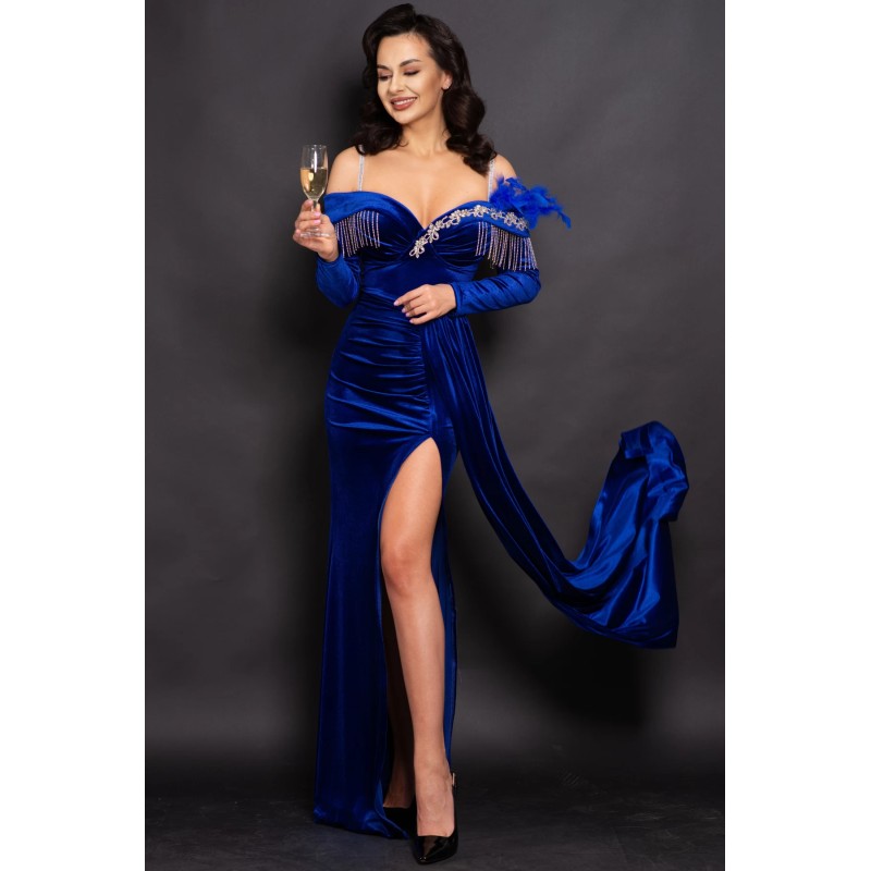 Rochie eleganta lunga Alizee albastra din catifea cu strassuri argintii