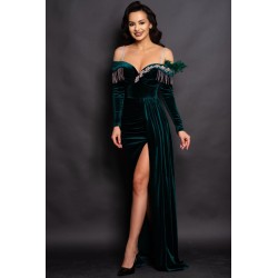 Rochie eleganta lunga Alizee verde din catifea cu strassuri argintii