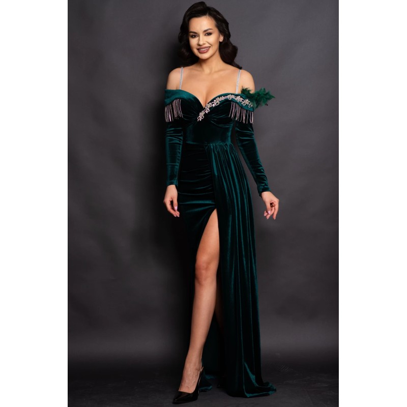 Rochie eleganta lunga Alizee verde din catifea cu strassuri argintii