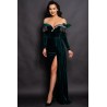 Rochie eleganta lunga Alizee verde din catifea cu strassuri argintii