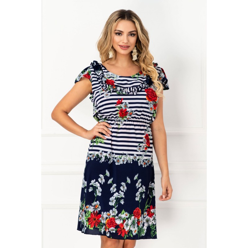 Rochie de vara Kaya cu imprimeu in dungi si volan decorativ