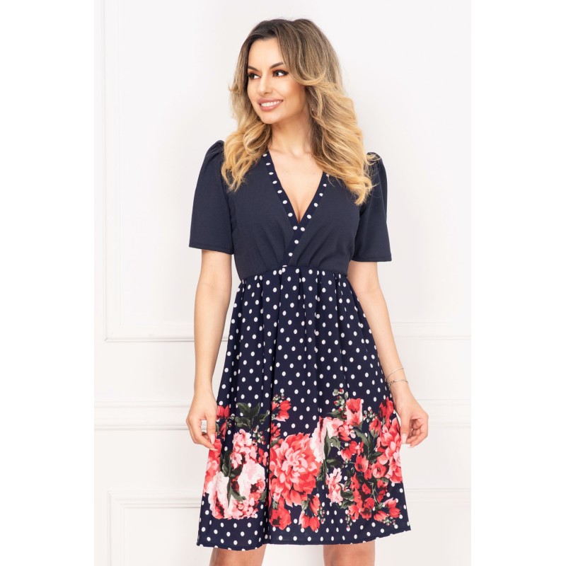 Rochie de vara bleumarin Rubi cu buline si imprimeu floral By InPuff