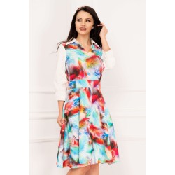 Rochie de zi Agapia in clos cu print multicolor si maneci cu volanas