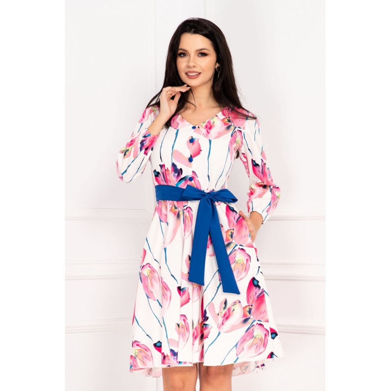 Rochie InPuff de zi ecru in clos cu imprimeu floral lalele