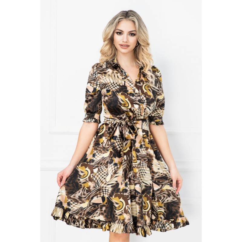 Rochie MBG de zi satinata petrecuta cu imprimeu maron