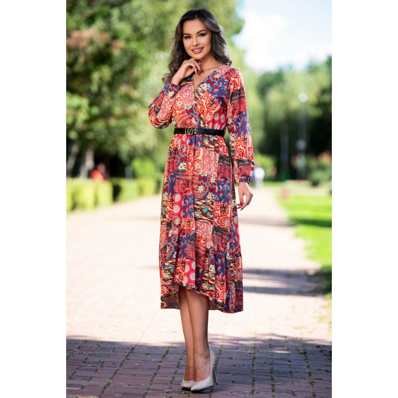 Rochie de zi burgundy asimetrica cu imprimeu floral si volan la terminatie