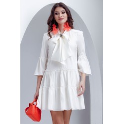 Rochie ivoire de zi Fofy din voal satinat cu esarfa innodata si brosa cu cristale