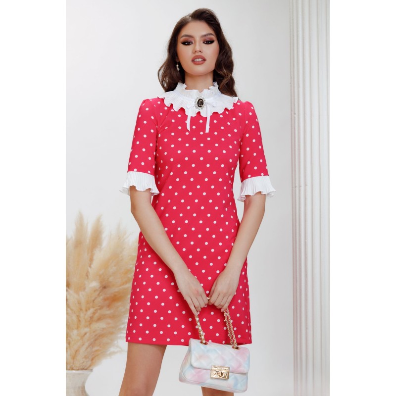 Rochie de zi Fofy in A ciclame cu buline albe guler si mansete plisate