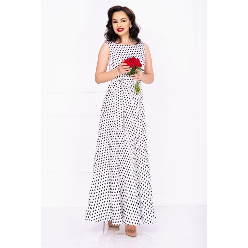 Rochie vaporoasa de zi eleganta Effect alba cu buline negre