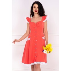 Rochie InPuff corai cu volanase la umeri si broderie aplicata