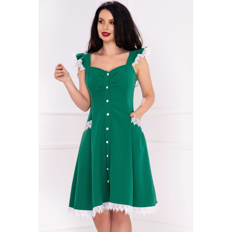 Rochie InPuff verde cu volanase la umeri si broderie aplicata